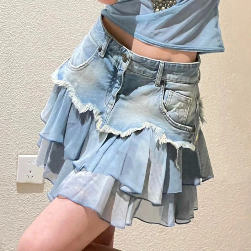 2023 Spring and Autumn New Fashion Royal Sister Fan High Waist Design Spliced Denim Half Skirt  Slim Fit