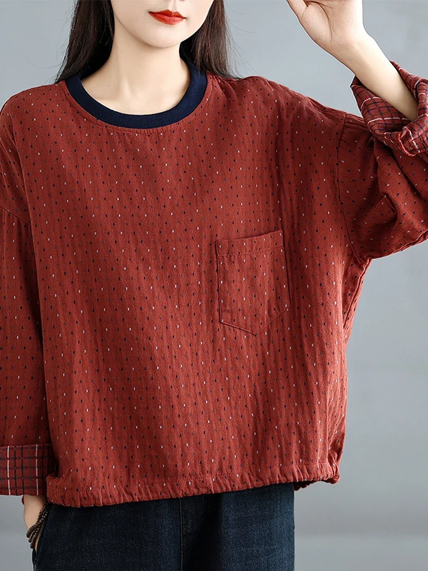 Retro Color Woven Dot round Ne Sweatirt T-irt Women's Spring Autumn plus Size Cotton Double Layered irt