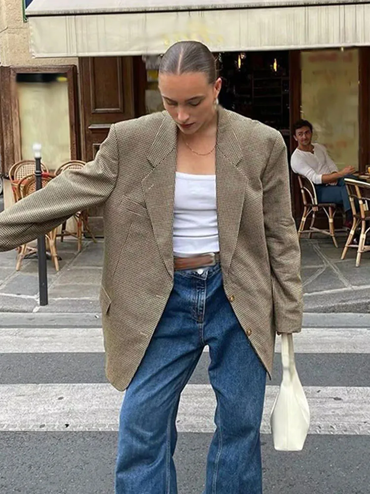 HH Female Fashion Long Sleeves Jackets Solid Plaid Turn-Down Collar Pockets Single Breasted Women's Spring High Street Blazers
