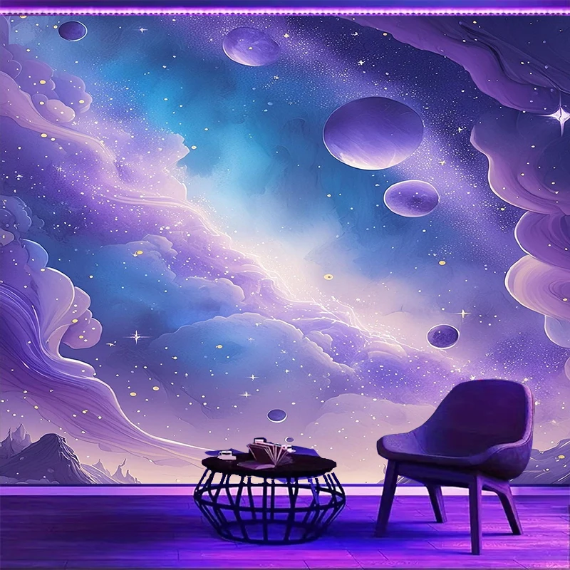 1PC Purple Planet Art Print Backdrop Banner, Bedroom Living Room Photo Background, Polyester, Home Decor, Wall Art