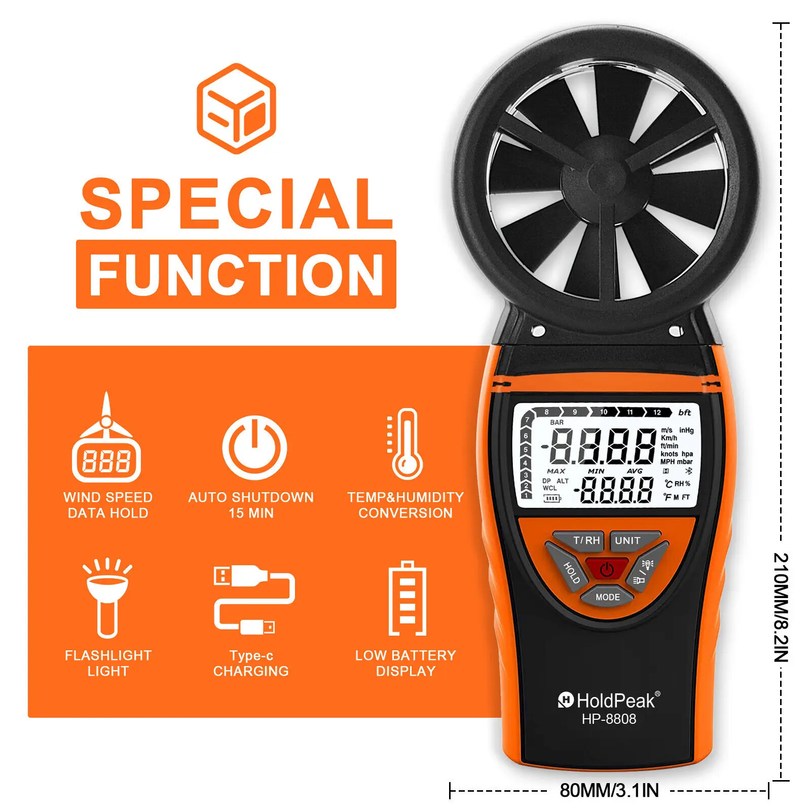 Holdpeak Wind Speed Meter Anemometer, High Precision, Professional Tachometer, Digital RPM, Air Velocity Gauge, Rechargeable