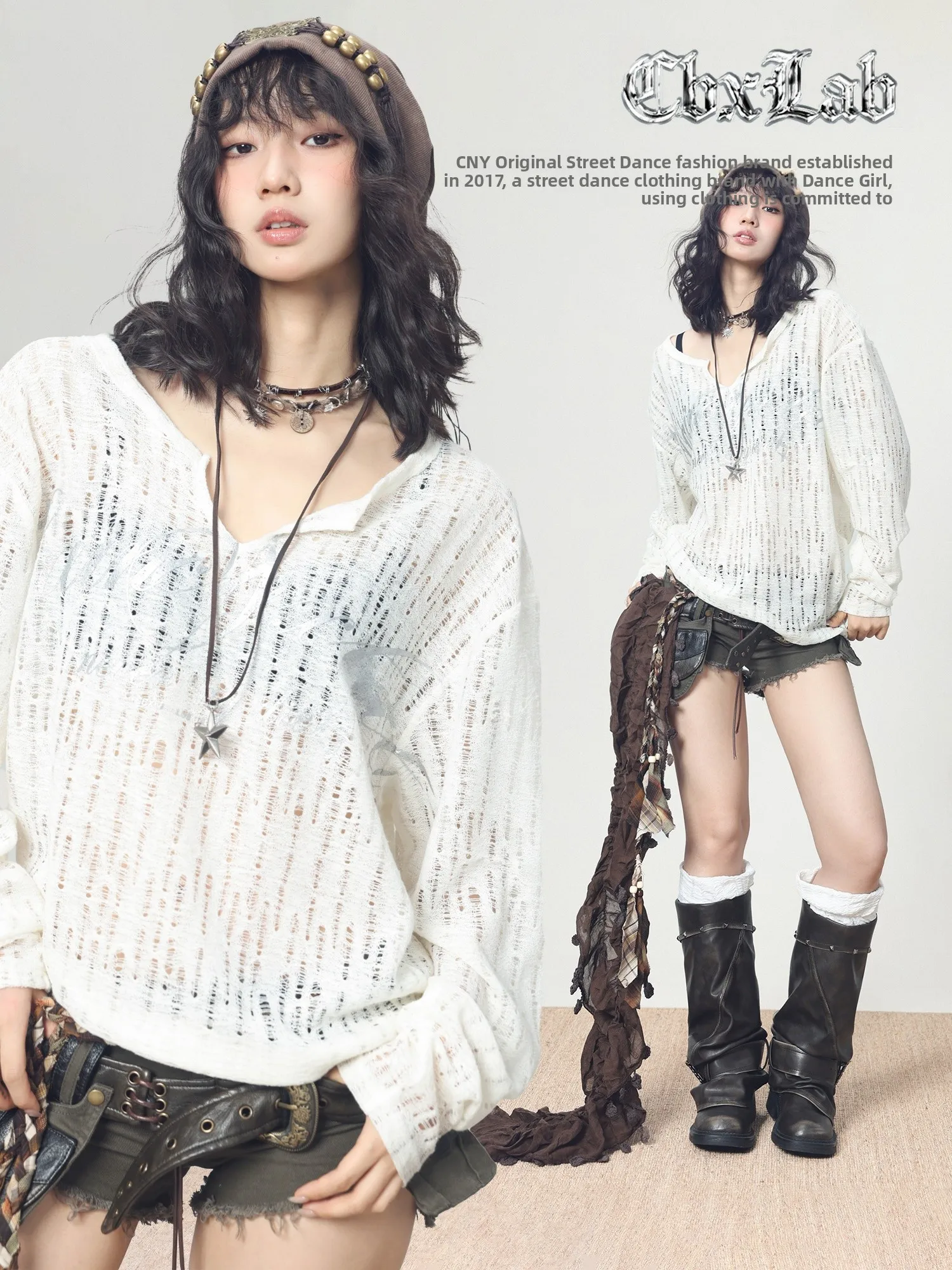 

CBXLAB Модный бренд Street Dance, потертый свободный топ Street Sle, американская вязаная ленивая простая длинная футболка све