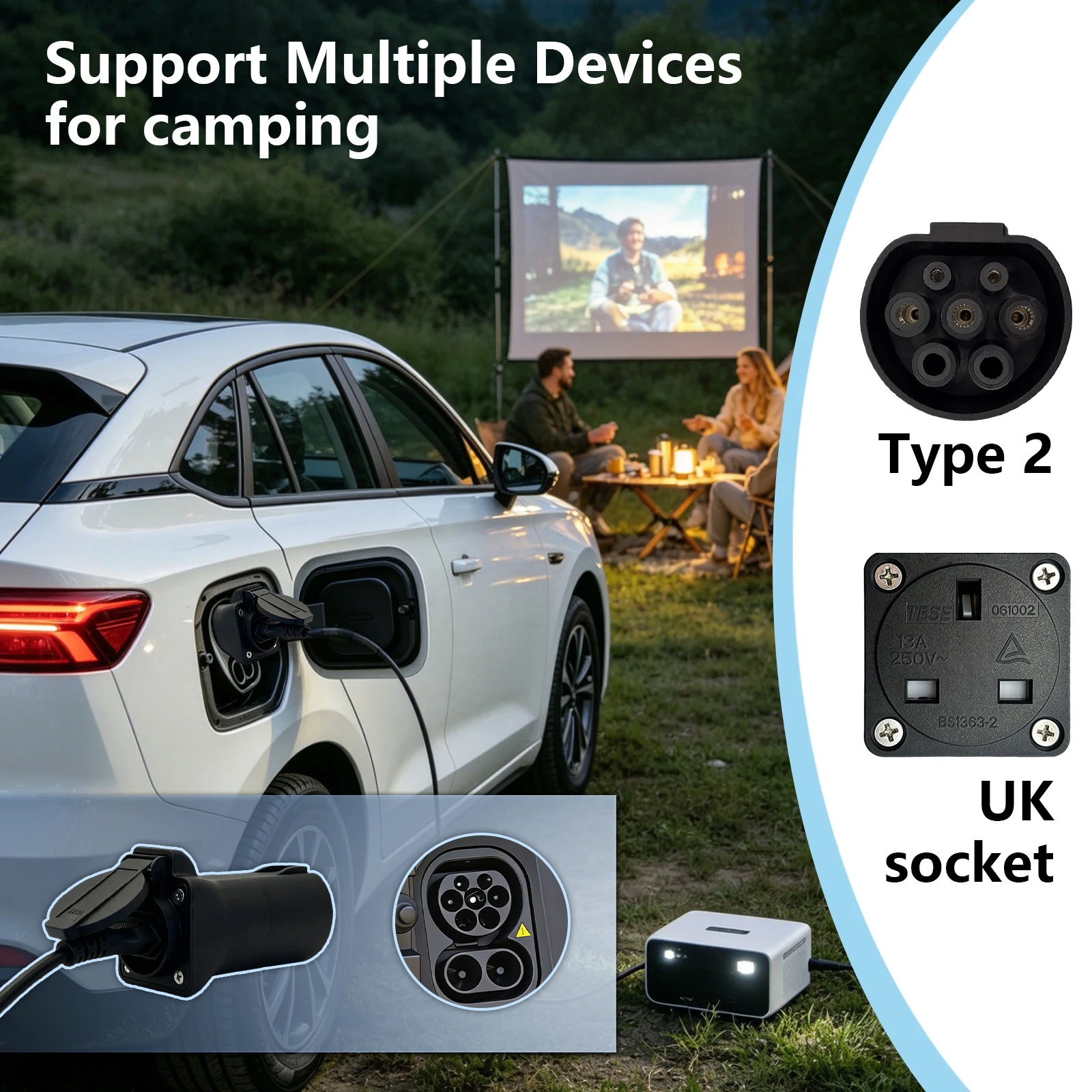 

Type2 V2L Discharge Adapter 16A UK Socket EV forBYD MG Mazda Jaecoo Geely EX5 Deepal XPENG HYUNDAI Omoda LEAPMOTOR GWM Chery