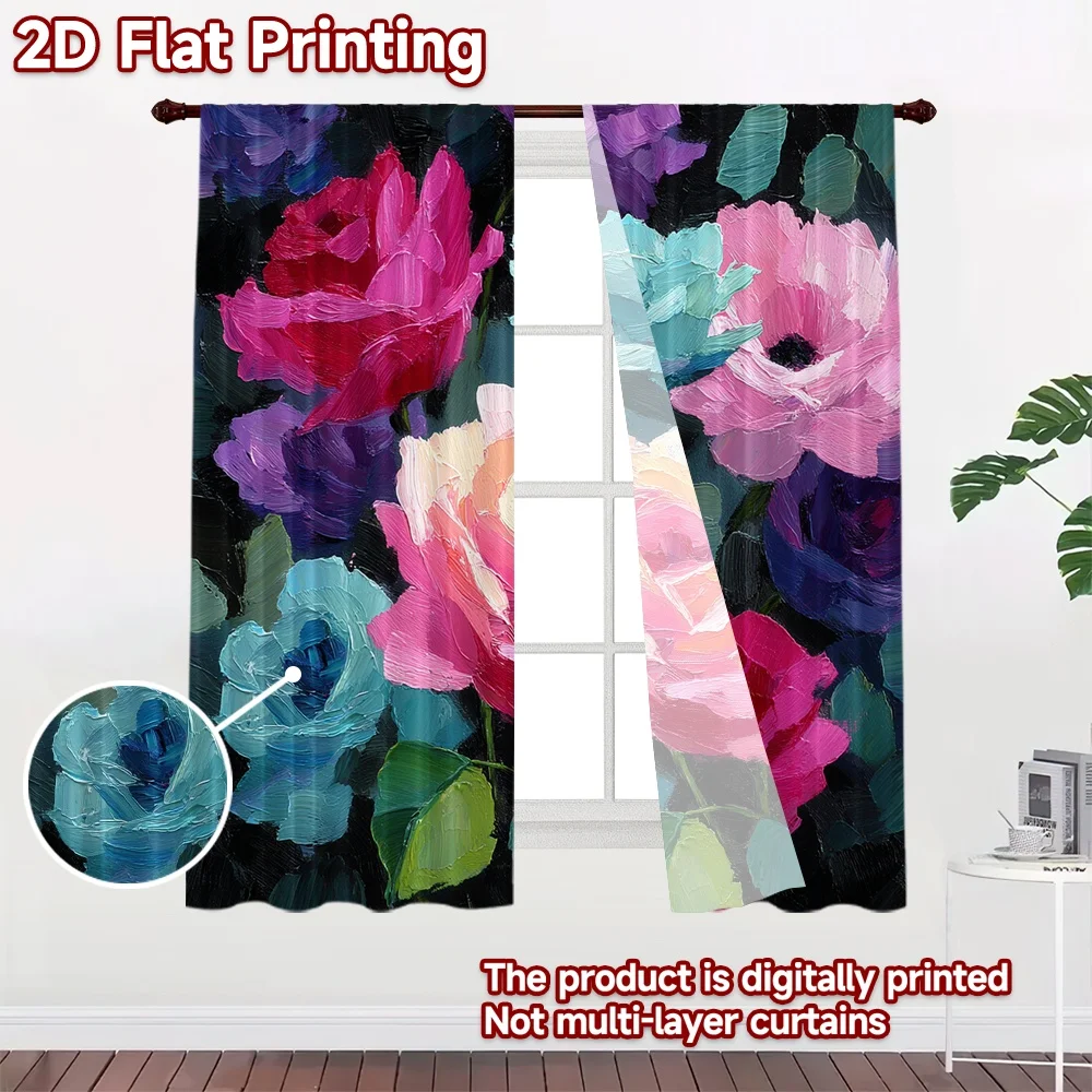 2D Flat Printing,2pcs Colorful Rose Bouquet Fashionable Popular Curtains Versatile Polyester Fabric Curtains Decorations