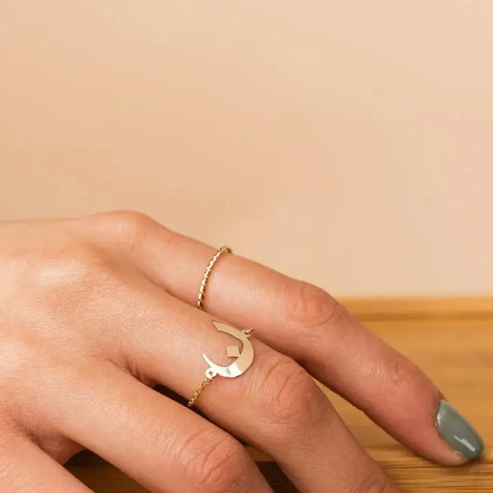 

18K Gold Plated Custom Arabic Initial Ring Personalized Chain Ring Arabic Rings Muslim 18K Gold Plated Jewelry for Women Gift