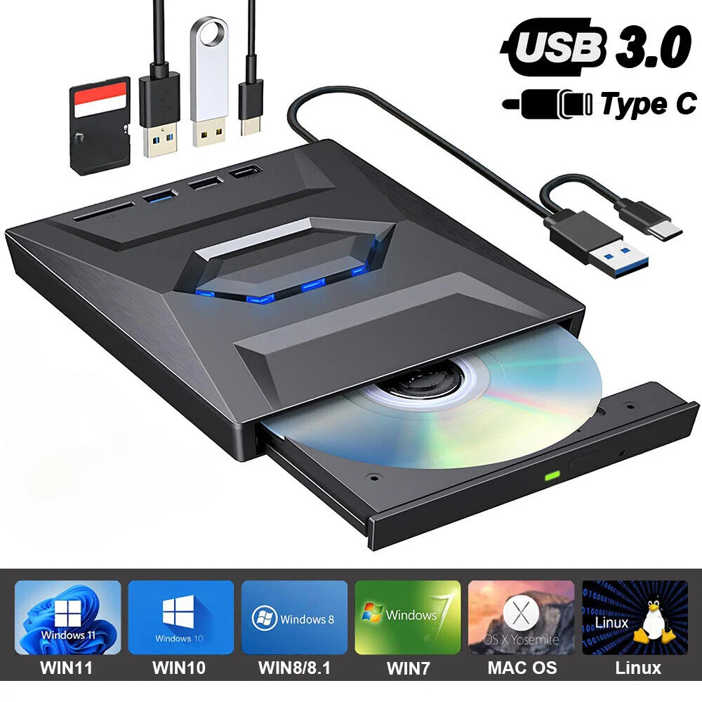 محرك أقراص DVD خارجي 7 في 1 USB3.0، محرك أقراص DVD DVD محمول رفيع للغاية DVD/CD ROM، كمبيوتر محمول/MacBook/سطح المكتب/macOS/Windows10/8/7