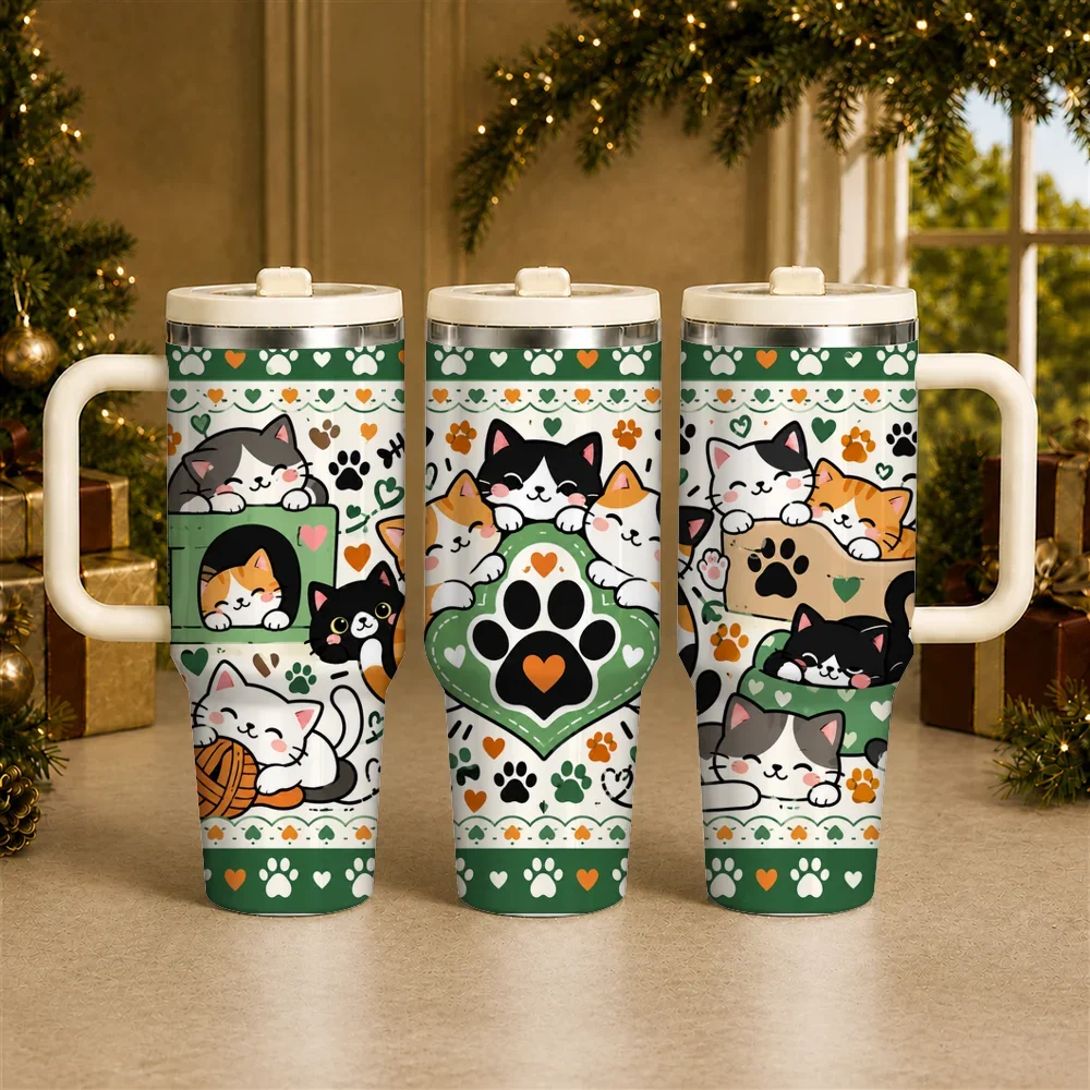 Cute Cat Rescue Vacuum Flasks 40oz Stainless Steel Insulated Tumbler with Handle & Straw Lid, Leakproof Travel Cup