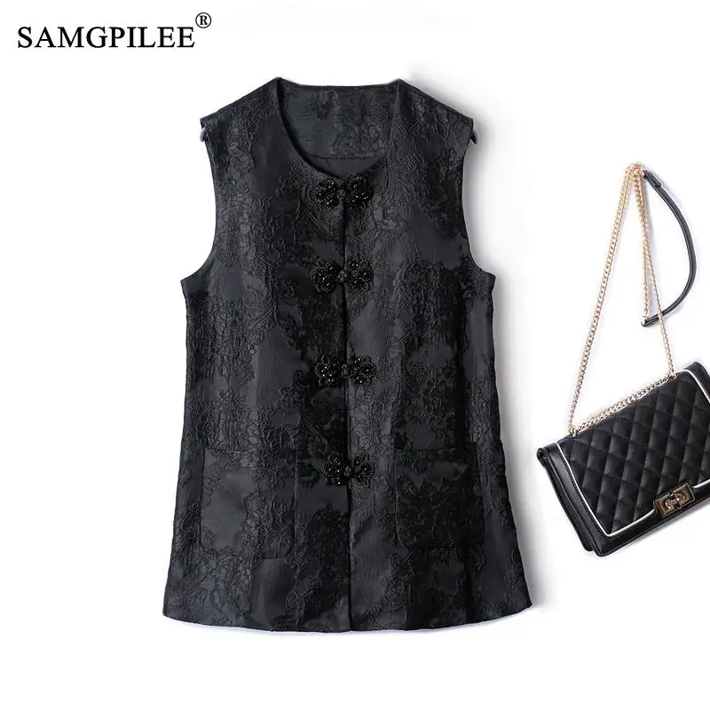 

Jackets For Women 2022 Summer New Fashion Retro Style Jacquard I-shaped Buckle Big Pocket Women's Sleeveless Vests 4XL