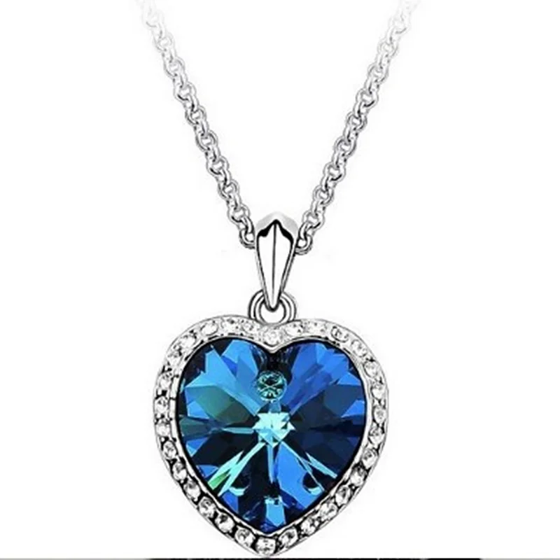 New Fashion Zircon Crystal Heart Of The Ocean Necklace Titanic Blue Heart Sweater Chain Pendant Jewelry