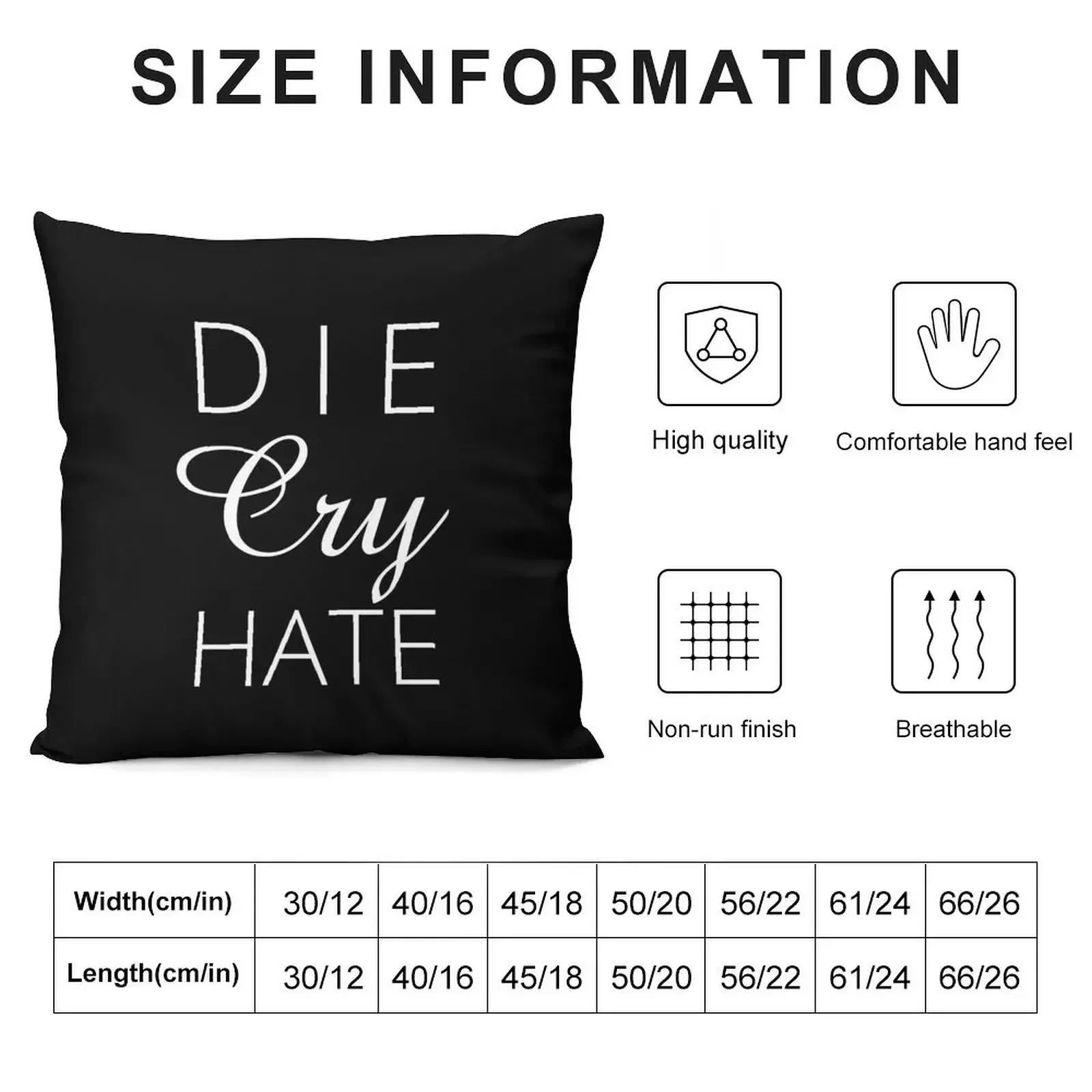 Die Cry Hate - Live Laugh Love Parody - White Text Throw Pillow Custom Cushion Decorative Sofa Cushions pillow