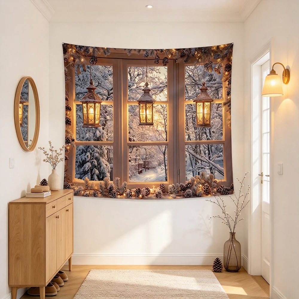 1PCS Tapestry, White Window Lanterns Snowy View Garland Pinecones Scene, Holiday Party Decoration for Home Studio Wall