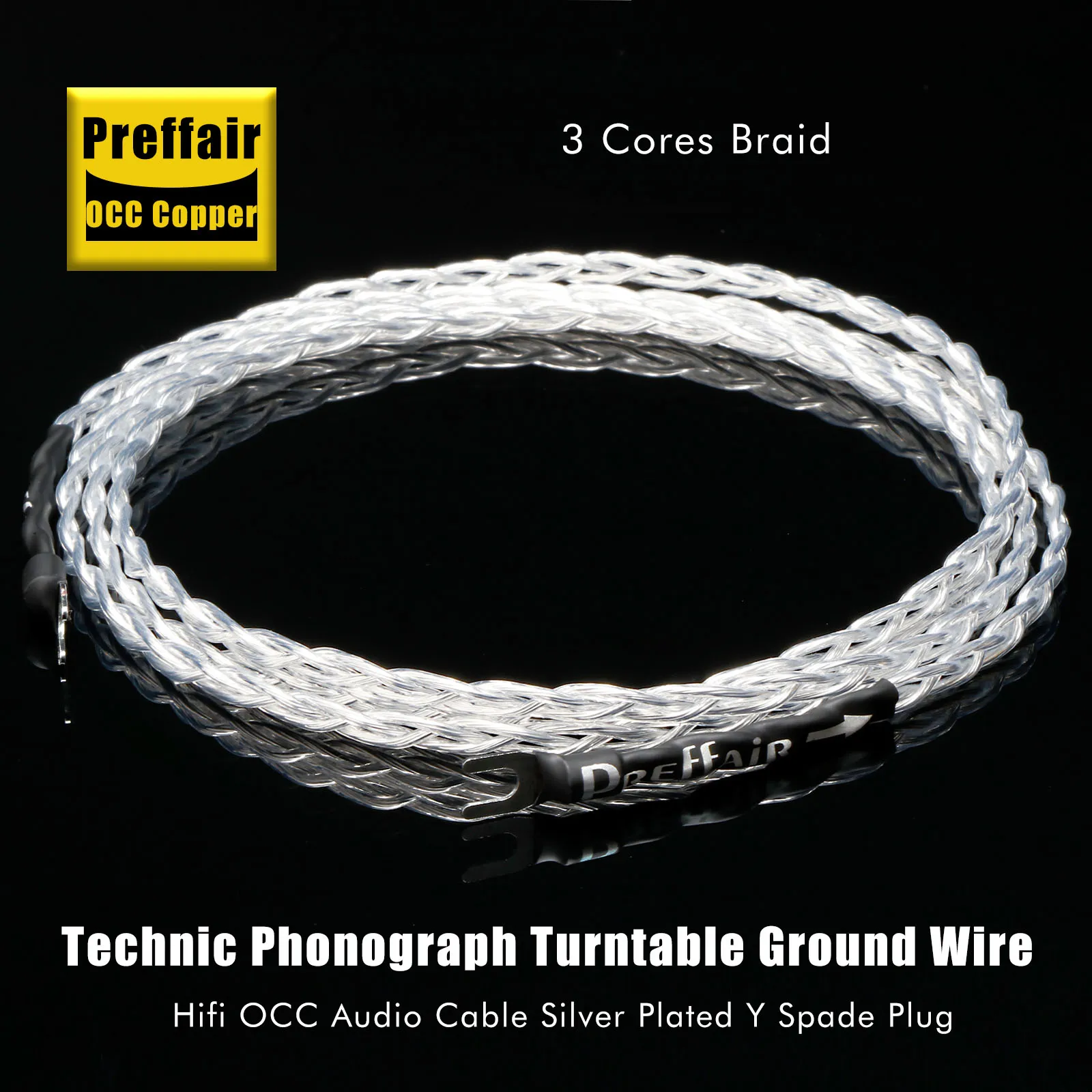 Preffair 3AG Ground Wire 3 Cores Silver Plated Amplifier LP Vinyl Audio Cable with Rhodium plated Y spade,1Pcs