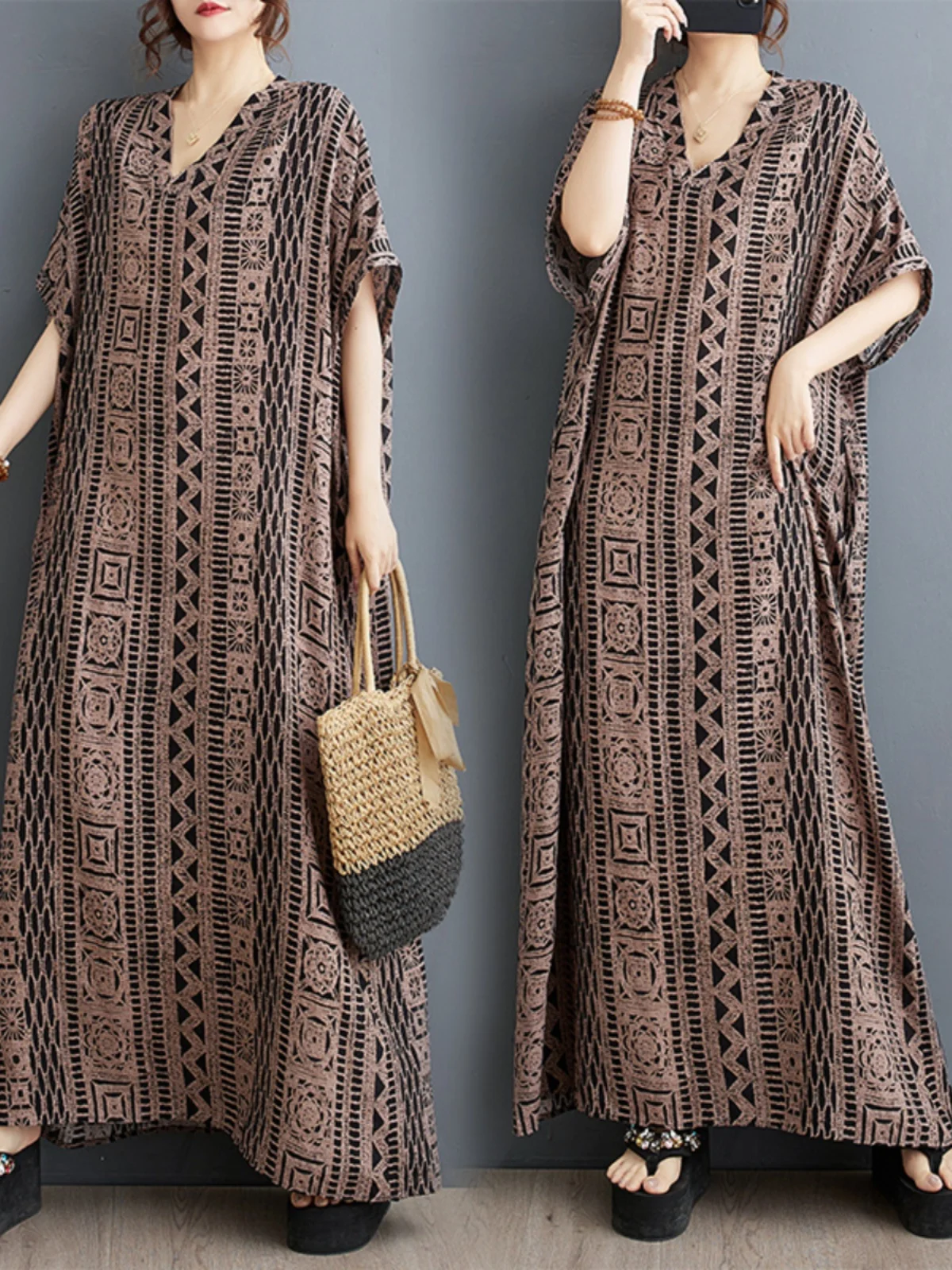 

Summer New Loose Cotton Linen Long Dress Women's Clothing V-Neck Vacation Style plus Size A-Line Skirt Short Sleeve Maxi Dress