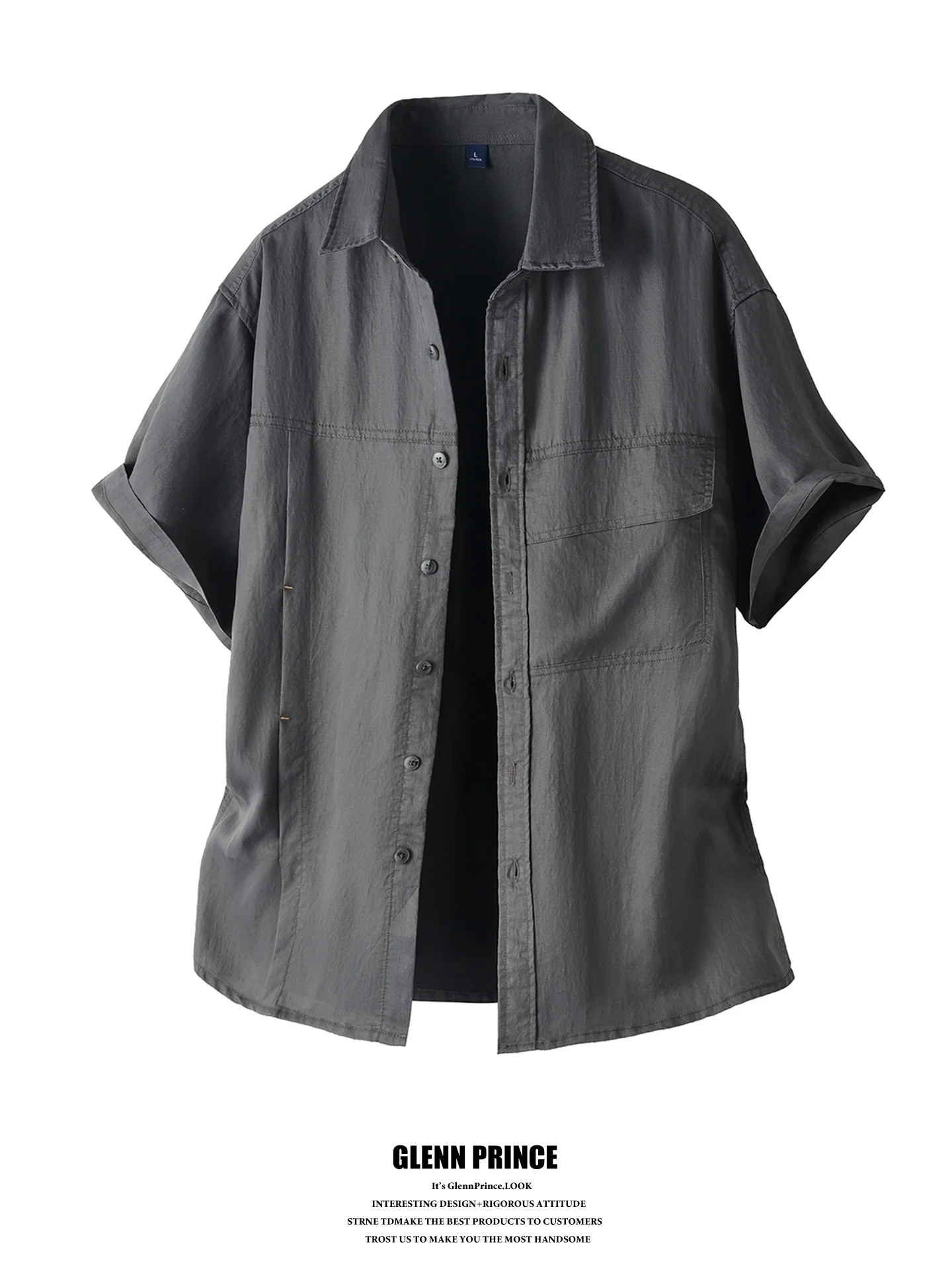 

GPstudio American Retro Men's Short Sleeve Shirt Casual Pure Color Turn-down Collar Summer Leisure Workwear Lenzing Fabric