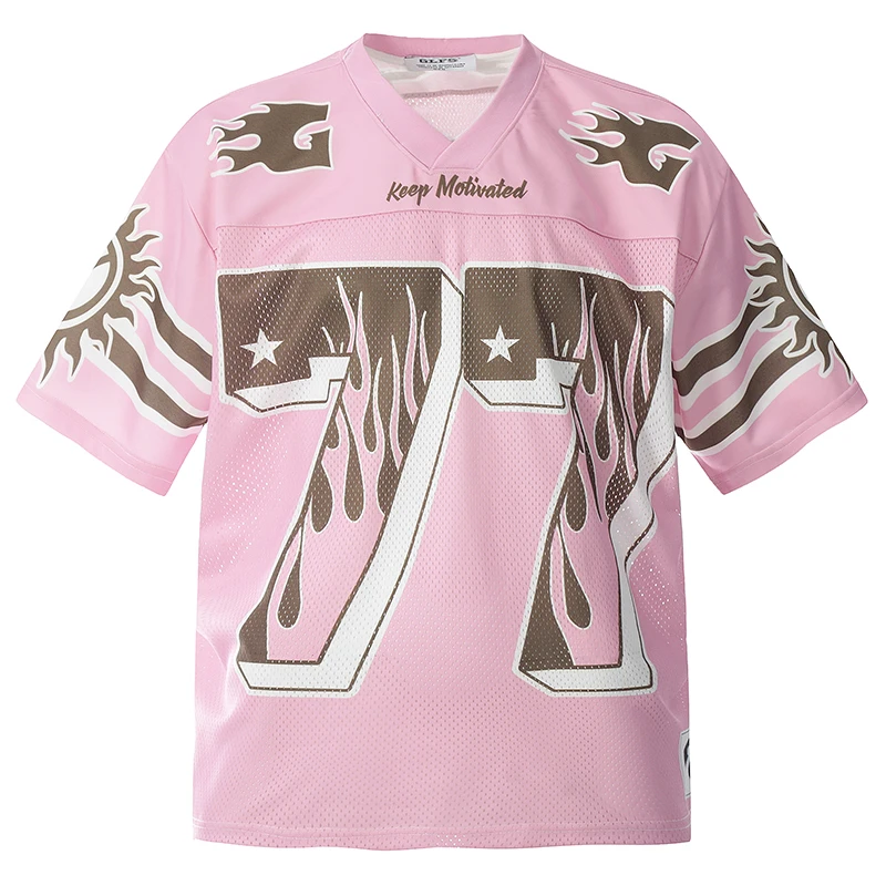 

Men's Pink Oversized Jersey T-Shirt 77 Flames Print Streetwear Hip Hop Retro Sportswear Mesh Breathable Short Sleeve Loose Fit