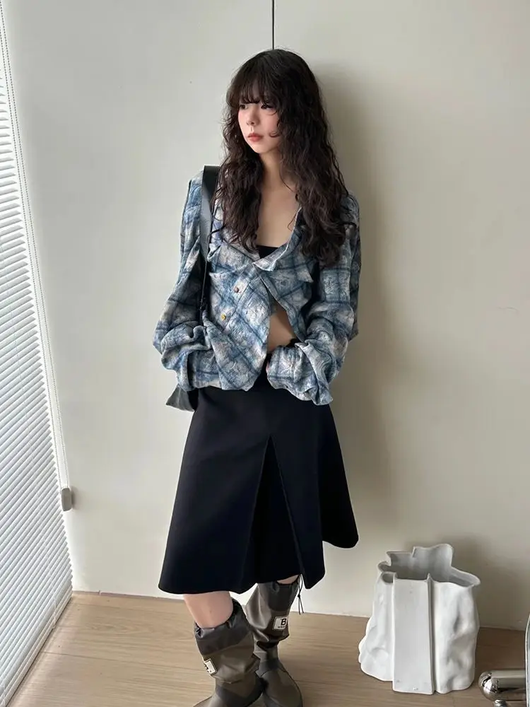 

Summer New Casual Loose Women's Shirt Vintage Street Style Plaid Pattern Splicing Design Long Sleeve Button up Short Length