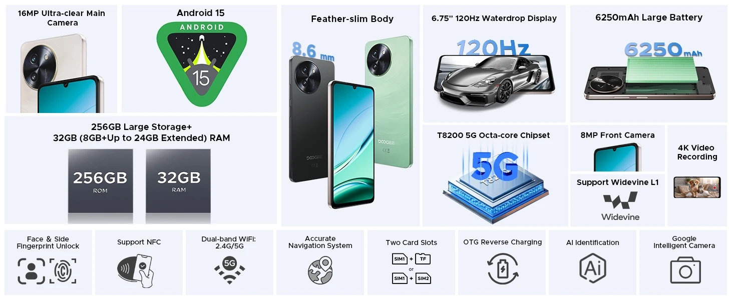 DOOGEE Note59 Pro Android 15 5G Smartphones 6.75" HD+ Mobile Phone 32GB RAM 256GB ROM 6250mAh Battery Global Version NFC Phone