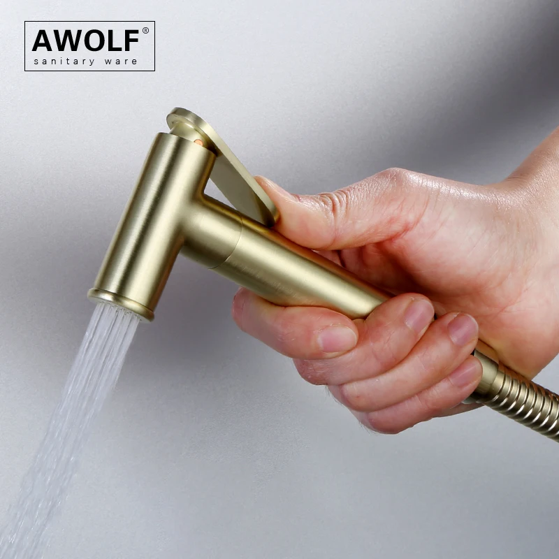 Awolf Brushed Gold Toilet Bidet Sprayer Hygienic Shower for Bathroom Solid Brass Anal Shower System Bath Shattaf for WC AP2340