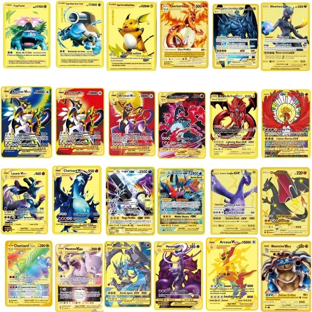 Spanish Metal Pokémon Cards, Letras de Ferro, Mewtwo, Pikachu, Gx, Charizard, Vmax, 24pcs