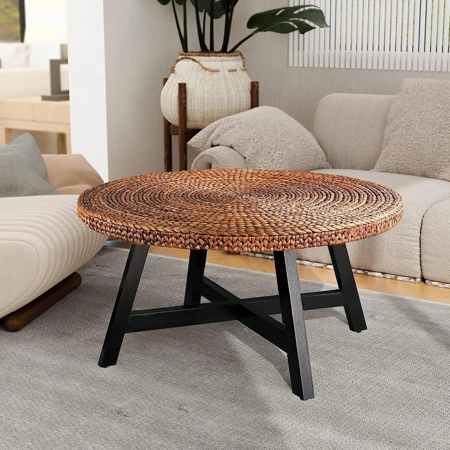 RANDEFURN-Round Coffee Table, Seagrass Coffee, Solid Pine Wood, X Base Frame, Cocktail  Easy Assembled, Multiple Sizes