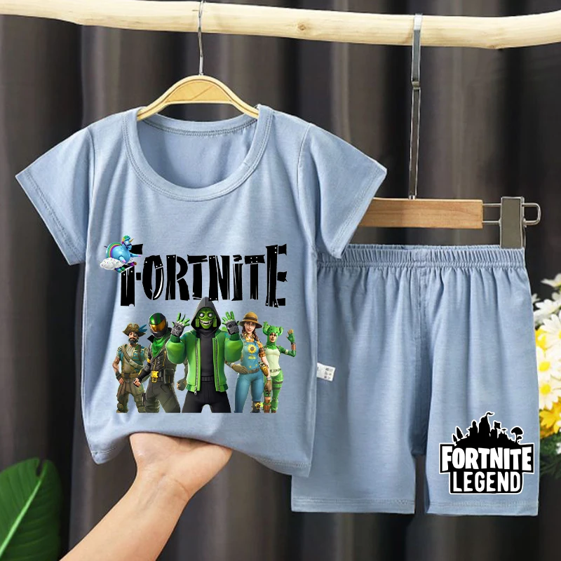 Fortnites 어린이 잠옷 만화 게임 그림 인쇄 짧은 소매 잠옷 아기 소년 Kawaii Loungewear 여름 어린이 의류