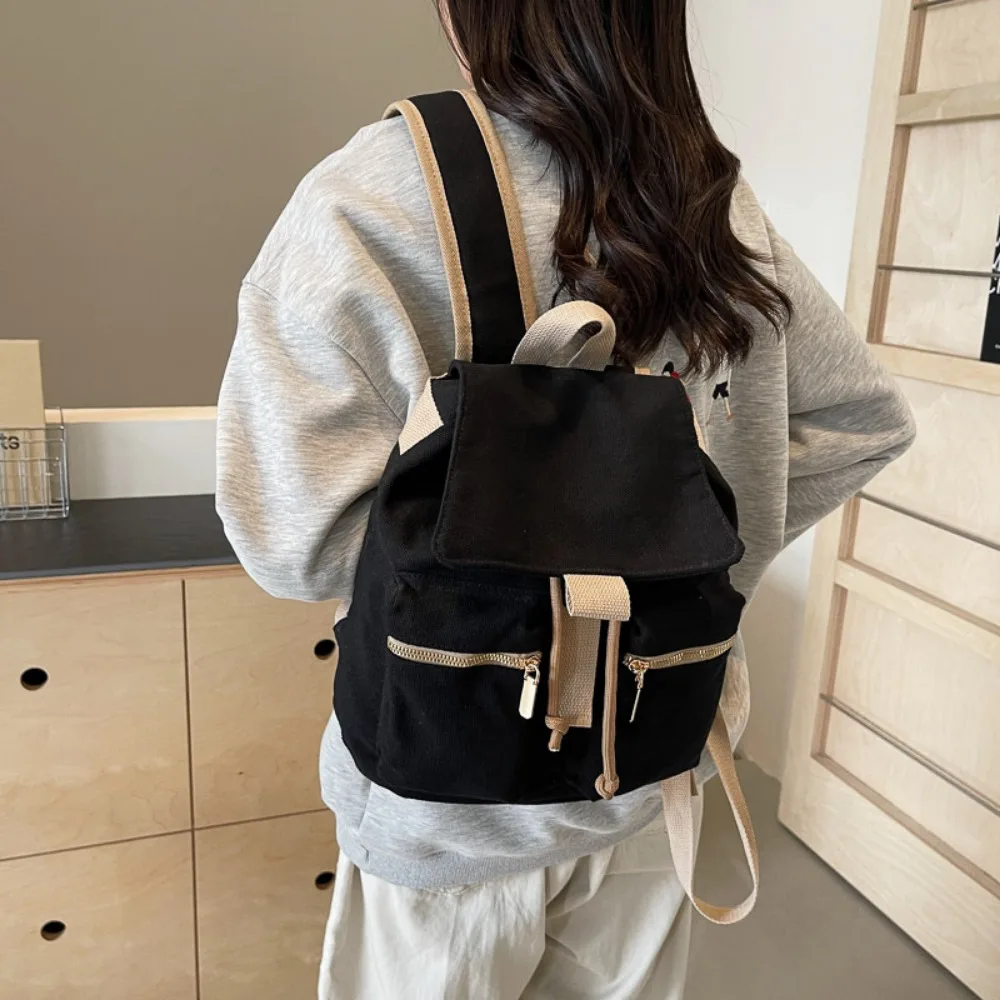 Fashion Drawstring Women Backpack Multiple Pockets Adjustable Strap Travel Backpack Solid Color Students Backpack Travel