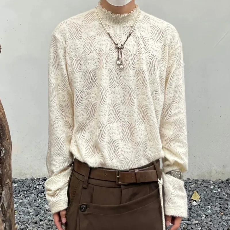 Japanese Half Collar Lace Base Pullovers New Unisex Style Knitted Long Sleeved T-shirt Men Hollowed Out Temperament Thin Sweater
