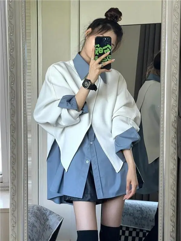 Sudadera con Capucha de Manga Larga Asimétrica, Estilo Hong Kong, Holgada y Moderna, para Mujer, Versión Coreana Única, Combinación de Camiseta, Primavera-Otoño