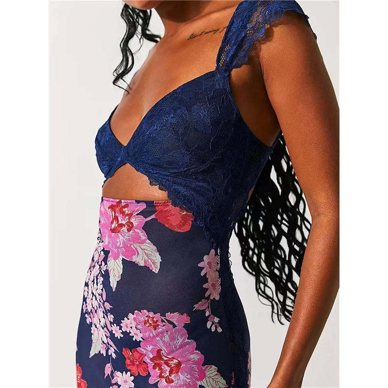 Cgs-feminino renda retalhos malha maxi vestido floral impressão recorte querida pescoço sem costas fenda verão y2k vestidos longos