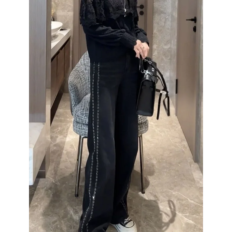 Simple Black Slim Wide Leg Jeans Women Loose Straight Pants With Rhinestones