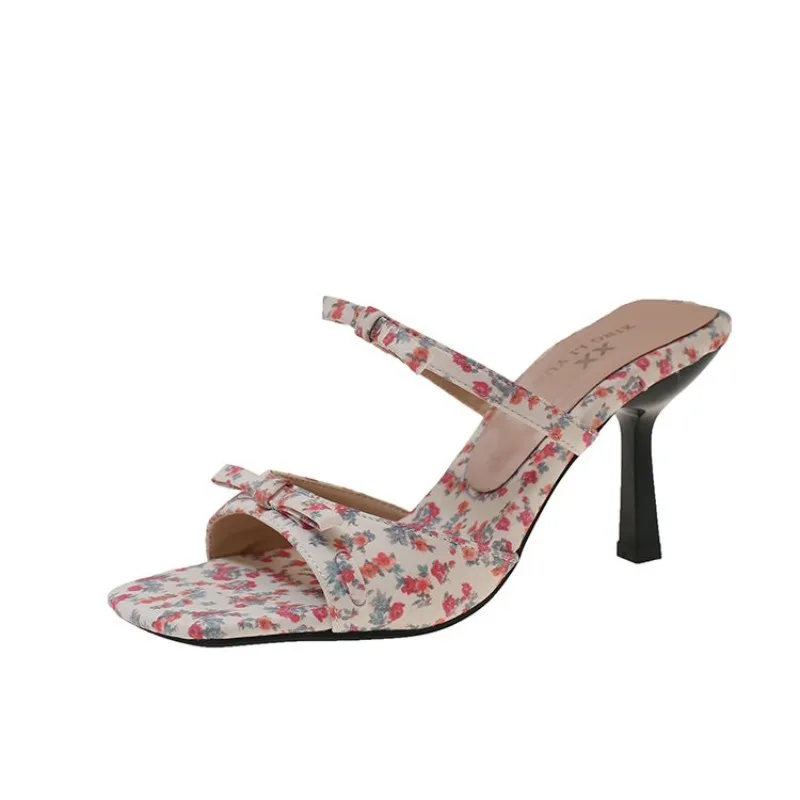 

Женские летние туфли-мюли на шпильке с квадратным носком, цветочным принтом и бантом, большие размеры 35-42