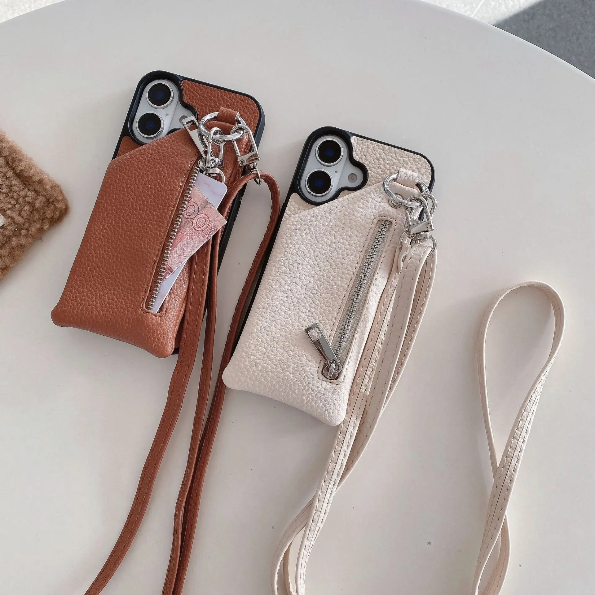 

Crossbody Leather Zipper Card Holder Wallet Case for iPhone 16 Pro Max 15 14 13 12 11, Kickstand Cards Pocket Phone Cover Funda
