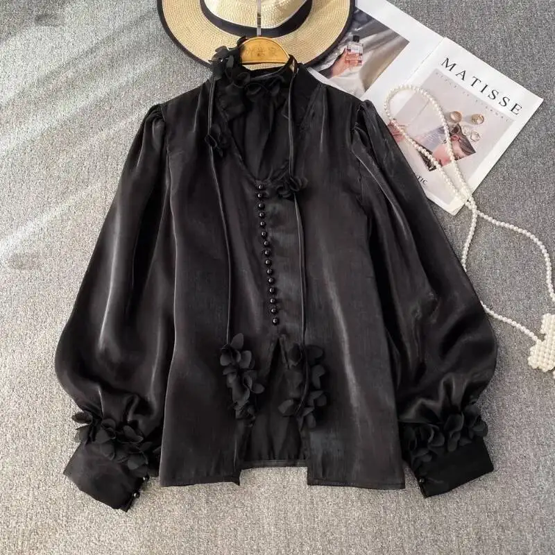 BabYoung Sweet Pink Loose Chiffon Blusas Mujer Autumn New V-Neck Lace Up Shirts Women Y2k E-Girl Lantern Sleeve Blouses