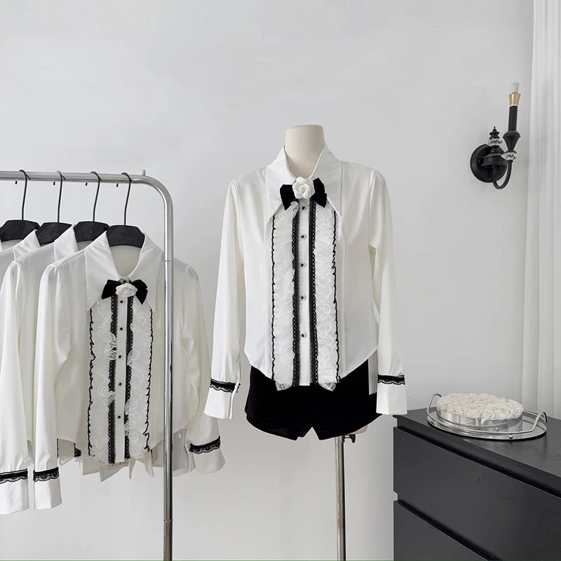 

Fashion Design White Bow Shirt Women Korean Elegant Lace Long Sleeve Slim Blouse Female Spring New Patchwork All Match Shirts