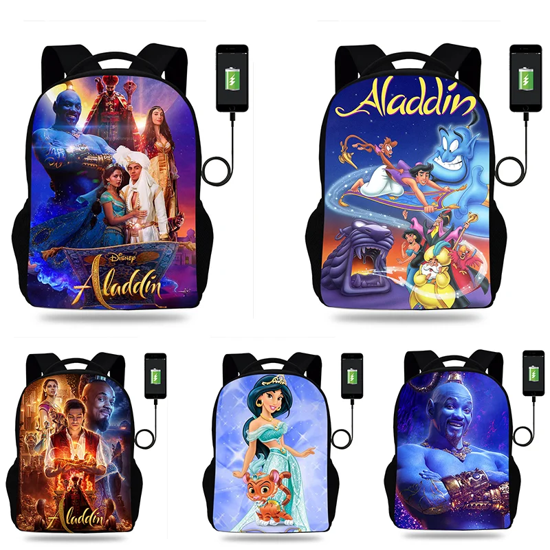 Fashion Aladdin Cartoon Backpack Boy Girl Teenager School Bag USB Charging Daily Travel Large Capacity Backpack Mochila