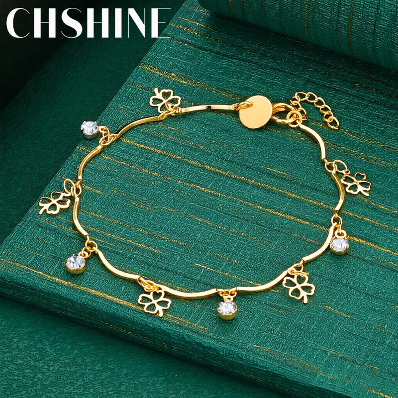 925 Sterling Silver 18K Gold  Clover Charm Curved Bracelet With Sparkling Zircon for Women Lucky Jewelry Gift