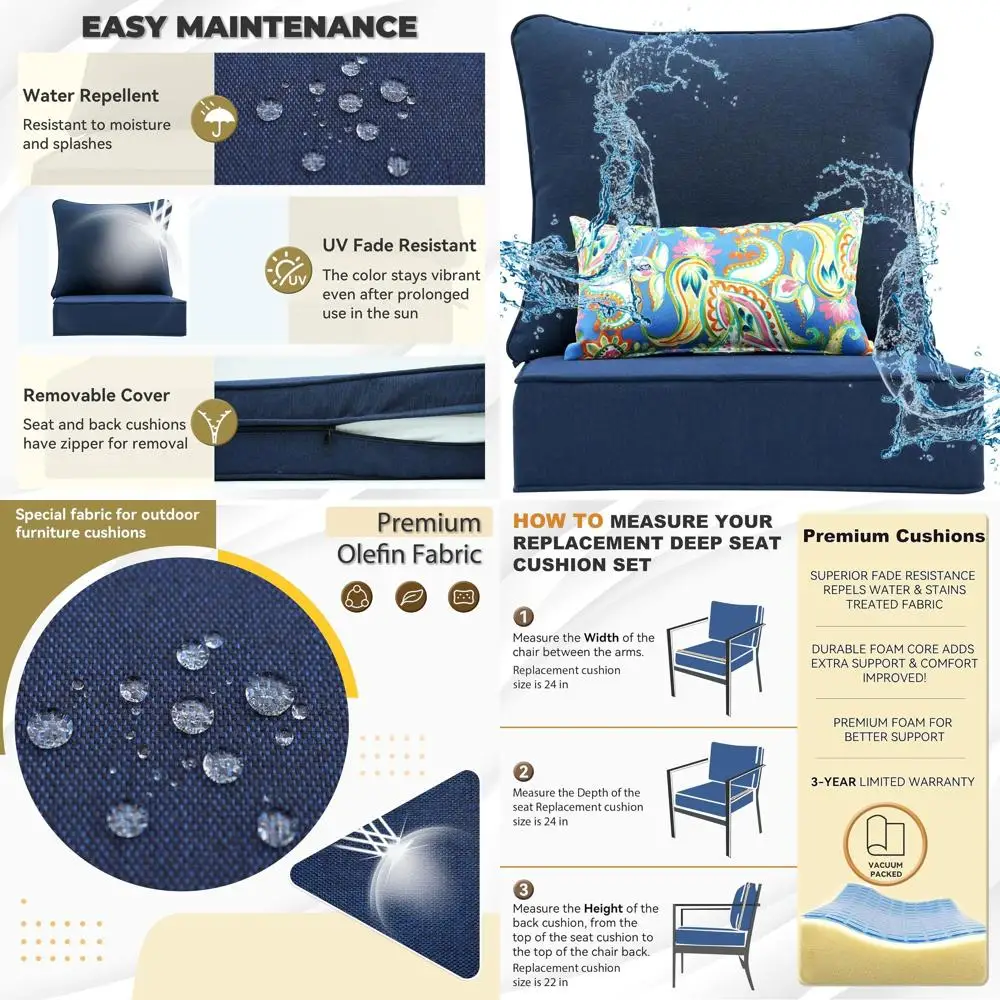 

Комплект глубоких подушек для уличной мебели 24x24 дюйма - из олефиновой ткани со съемными чехлами, водонепроницаемые и устойчивые к выцветанию, для садовой мебели