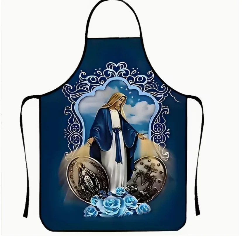 Blue Holy Mary Pattern Kitchen Apron, Cooking Apron, Comfortable Waist Design, Suitable for Cooking and Housework, Religious Art