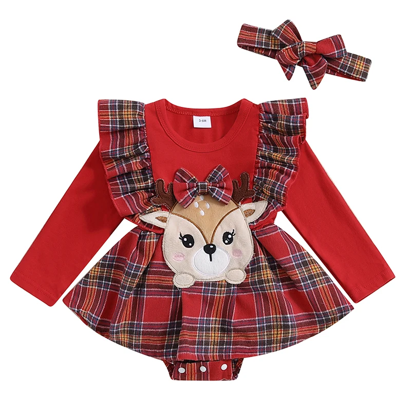 

Baby Girl Fall Romper Dress Animal Embroidery Plaid Print Long Sleeve Crew Neck Ruffled Jumpsuit with Bow Headband