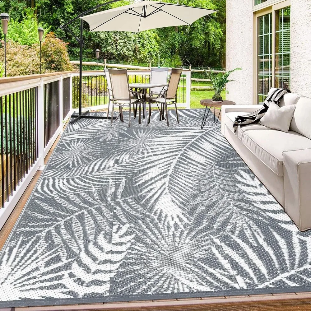 

Outdoor Reversible Plastic Straw Rug, 9'x12', Cool Gray, Large Patio Mat for RV, Backyard, Deck, Picnic, Beach, Trailer