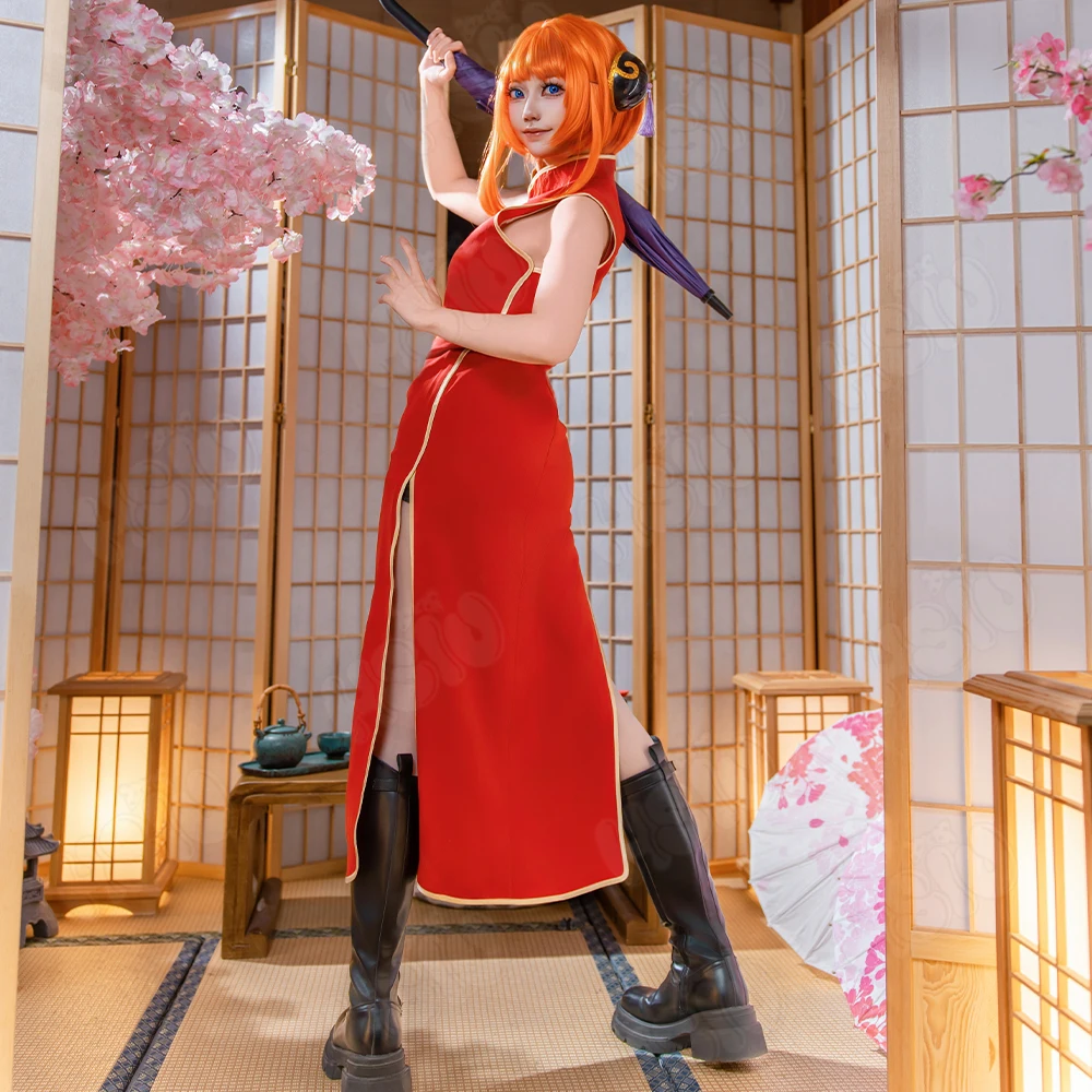 Аниме Gintama Kagura костюм парик 40 см оранжевые короткие волосы красный Cheongsam без рукавов аниме косплей парик аниме костюмы для косплея парик