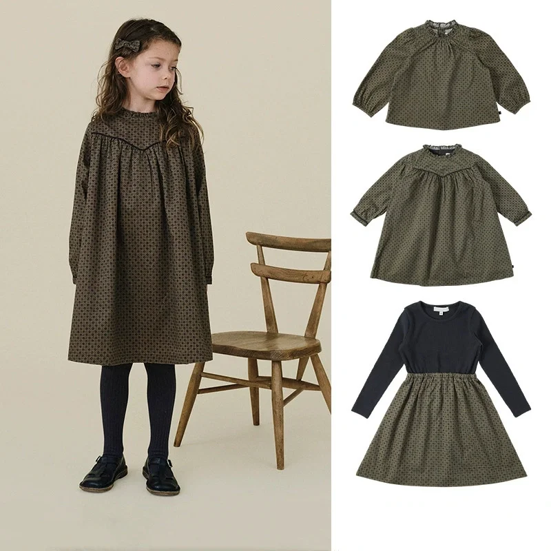 Autumn Winter New Girls' Cotton Retro Printed Long Sleeve Dress Medium Thickness Long Sleeve Basic Style Elegant Lady Dress
