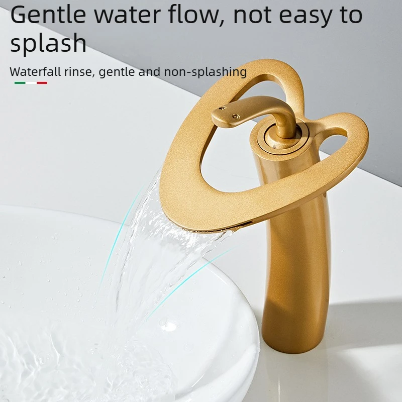 All-Copper Waterfall Basin Faucet for Washbasin, Countertop Basin, Bathroom Cabinet, Single-Hole Elevated Model