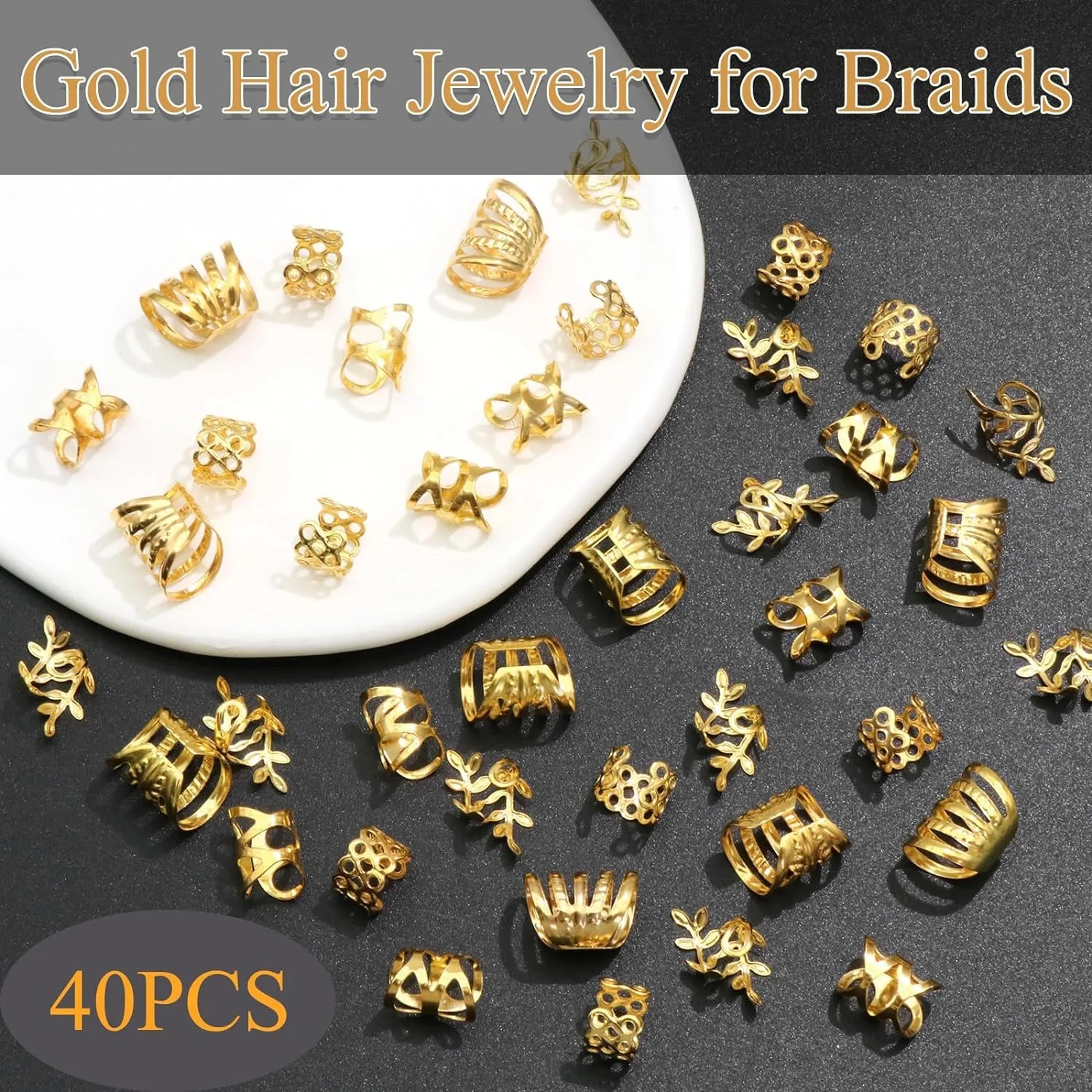 40PCS Hair Cuffs for Braids Gold Loc Jewelry Metal Braid Jewelry Non-Piercing Dreadlock Accessories for Women and Girls