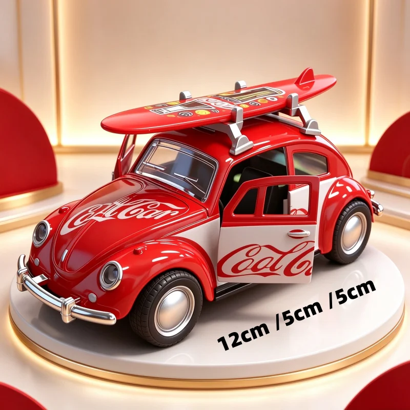 1:36 Scale Retro Classic Beetle Diecast Car Model Set, 2 Styles Alloy Vehicle with Surfboard & Bike Roof Decor, Pull Back Metal