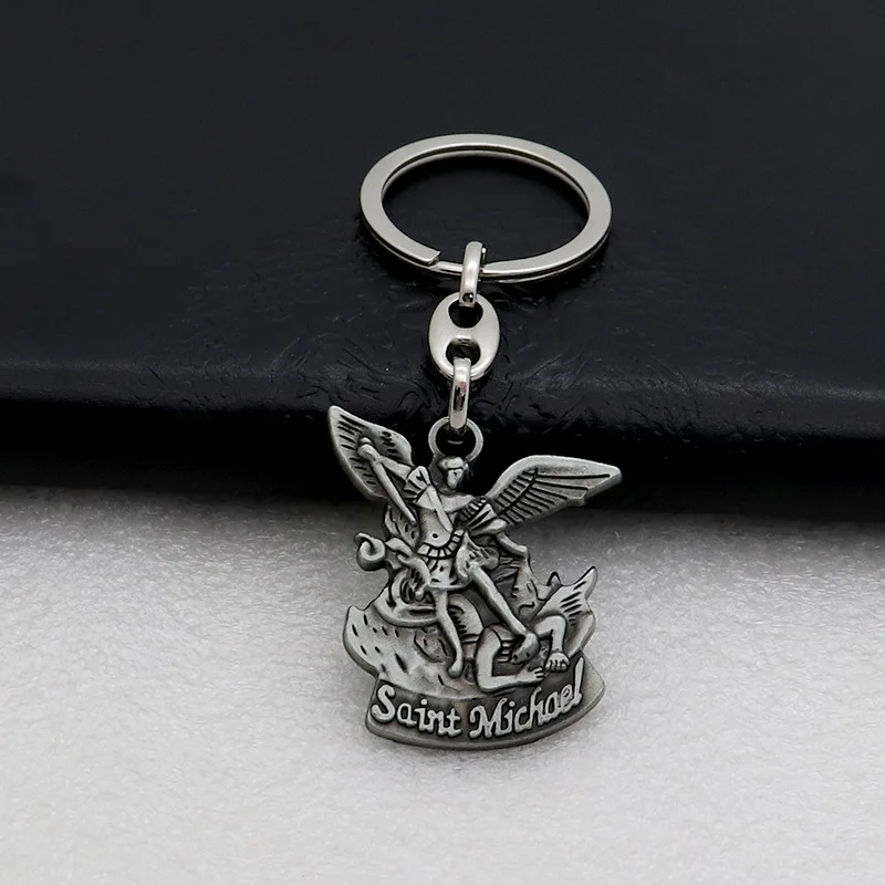 Silver Angel Saint Michael Archangel Keychain Pendant for Keys Catholic Christ Pray For Us Key Ring Religious Souvenir Gift