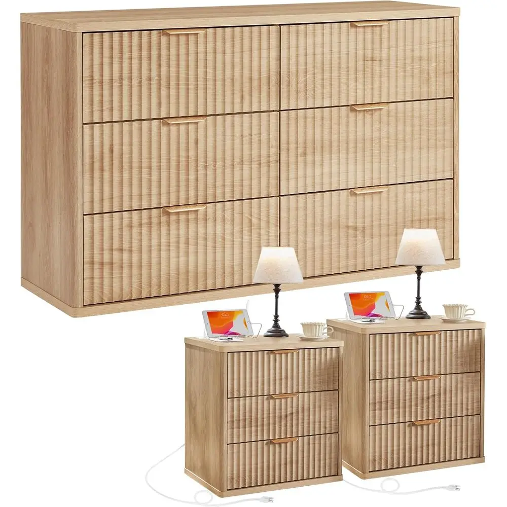 

luted Drer and 3 Ders Nightstand Set o 2, Wood 48" Wide Drer & 23" Night Stand with Charging Station, 3 Piece Bedroom urniture S