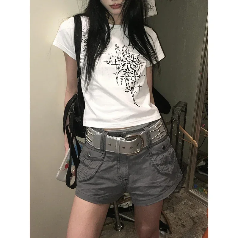 Pantalones cortos Cargo grises Y2K con bolsillo para mujer, ropa de calle Sexy Harajuku de los años 2000, pantalones cortos estéticos, ropa Vintage de verano 2025