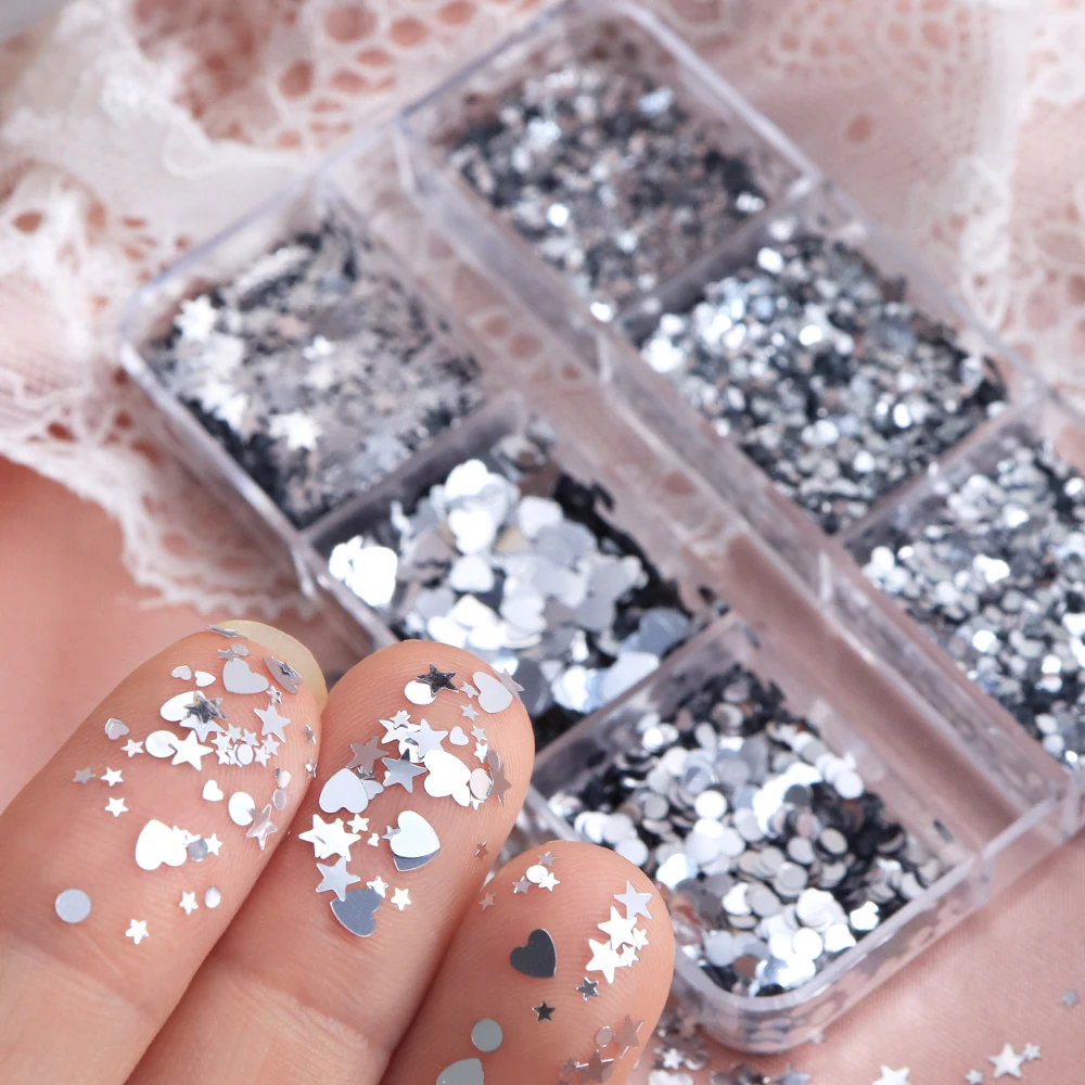 Sparkly Heart Resin Flakes Epoxy Resin Glitter Silvery Stars Round Bubble Resin Shaker Fillers DIY Jewelry Epoxy Crafts Supplies