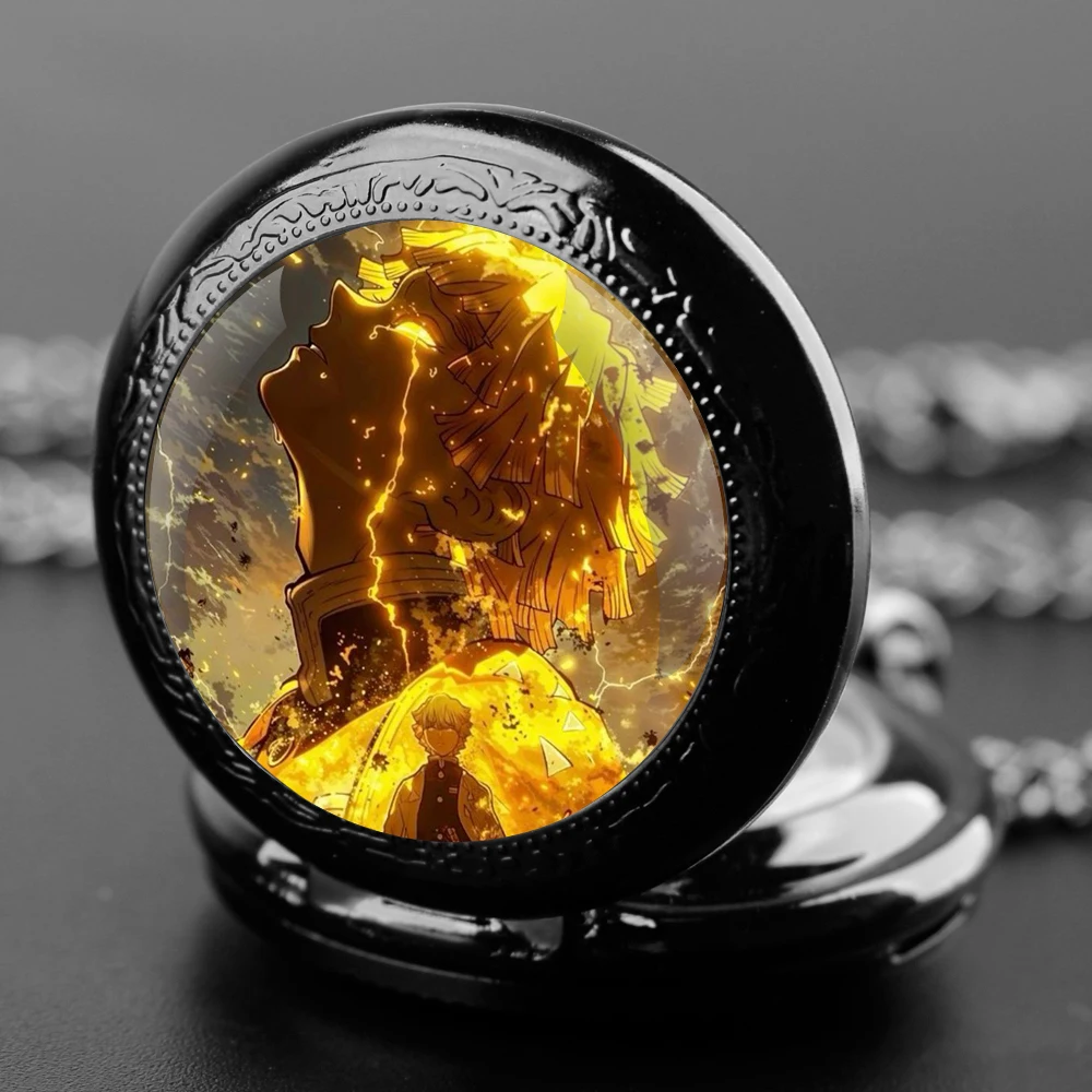 Anime Demon Slayer Design Glass Dome Fashion Arabic Numerals Quartz Pocket Watch Necklace Pendant Chain Mens Women Gifts